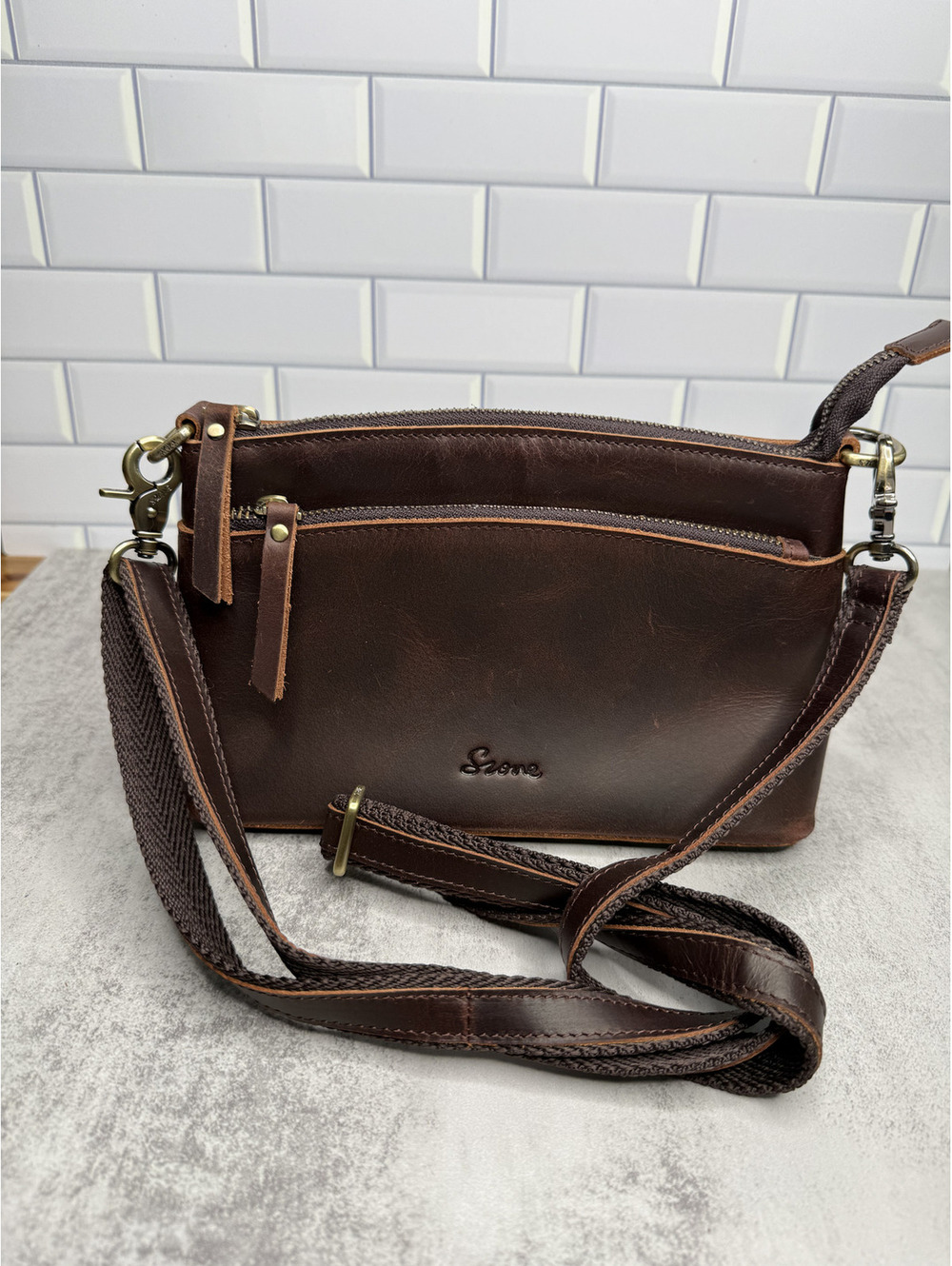 S-Zone Genuine Top Grain Leather Crossbody Purse | Brown Crazy Horse Leather